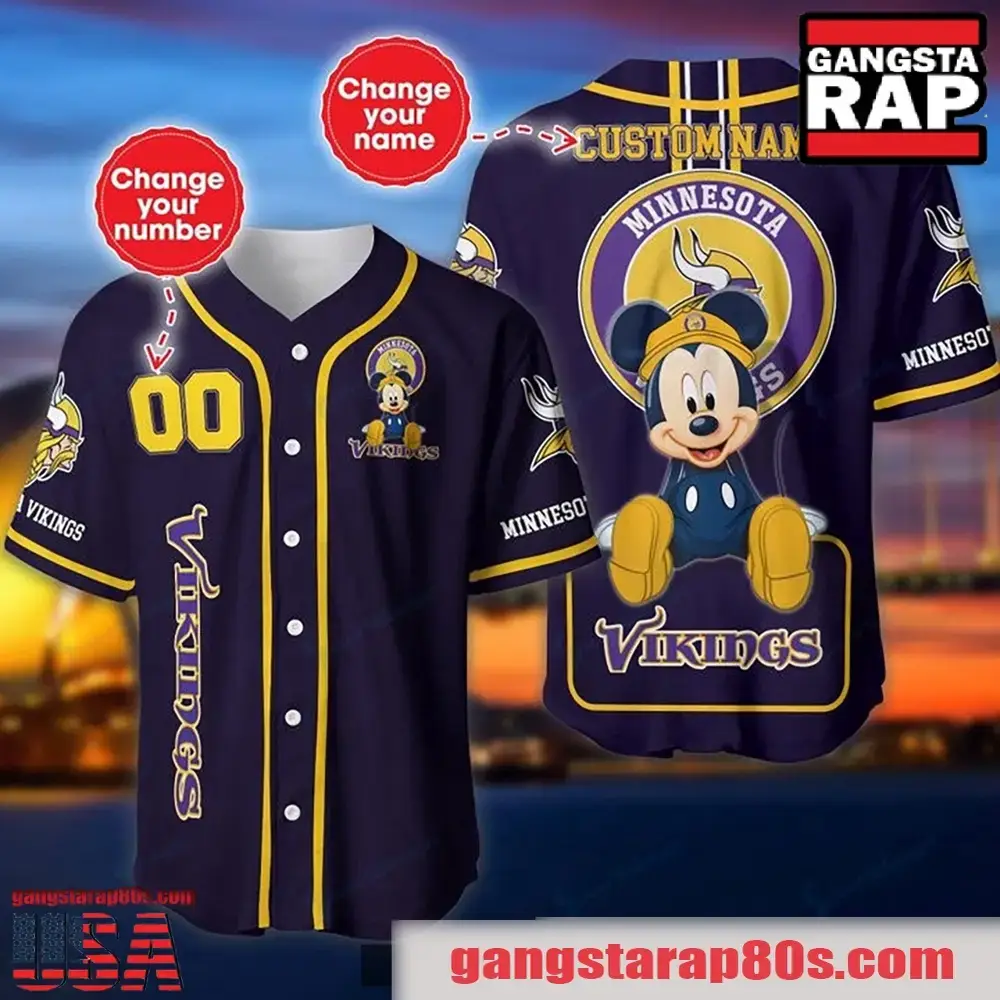 NFL Custom Name Number Disney Mickey Minnesota Vikings Baseball Jersey Shirt Image
