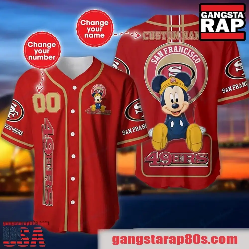 NFL Custom Name Number Disney Mickey San Francisco 49ers Baseball Jersey Shirt Image