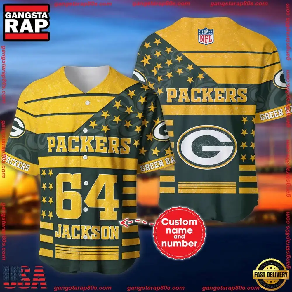 NFL Custom Name Number Green Bay Packers American Flag New Design Baseball Jersey Shirt Image