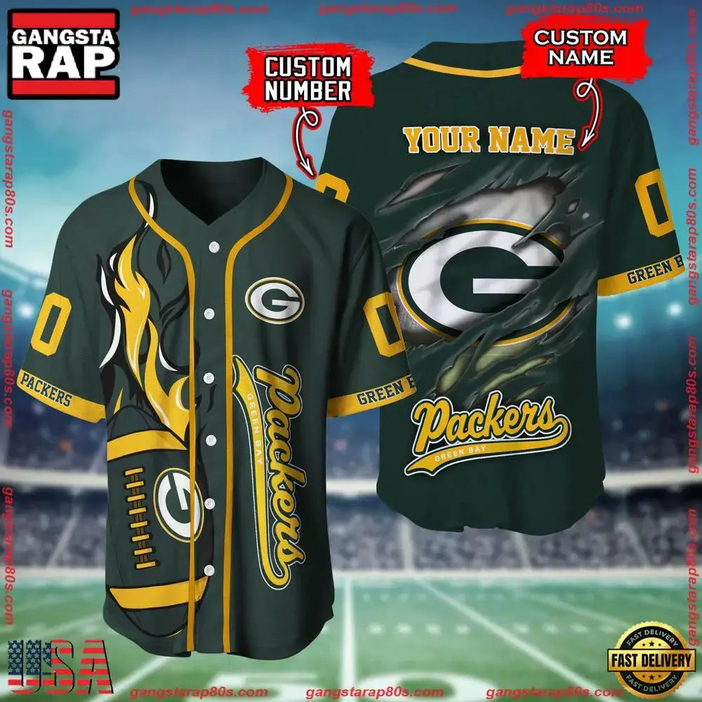 NFL Custom Name Number Green Bay Packers Football Team Baseball Jersey Shirt Image