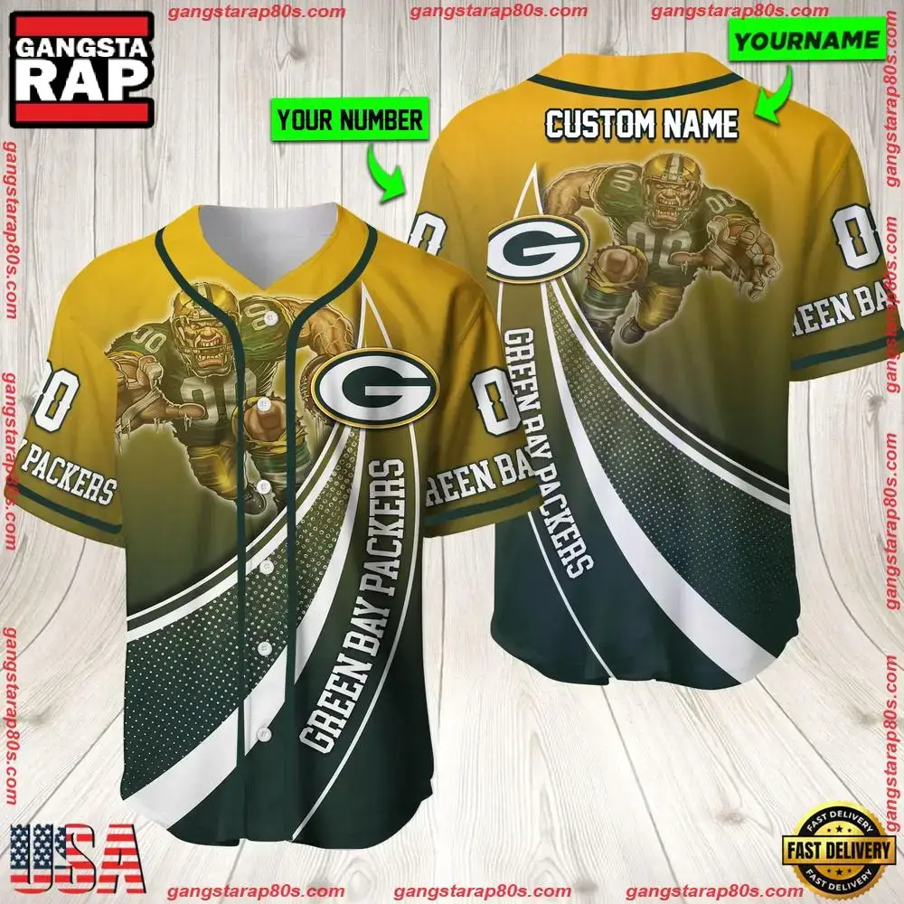 NFL Custom Name Number Green Bay Packers Mascot Football New Design Baseball Jersey Shirt Image