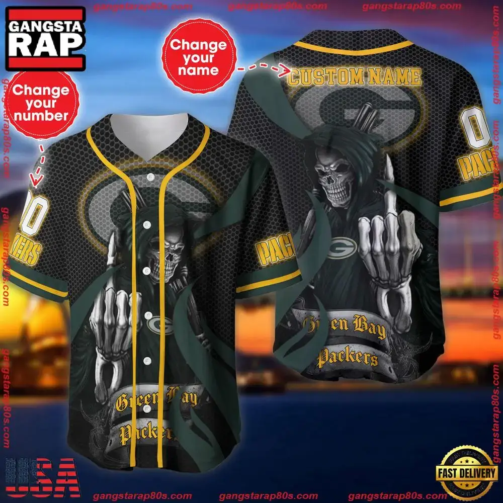 NFL Custom Name Number Green Bay Packers Skull Death Baseball Jersey Shirt Image