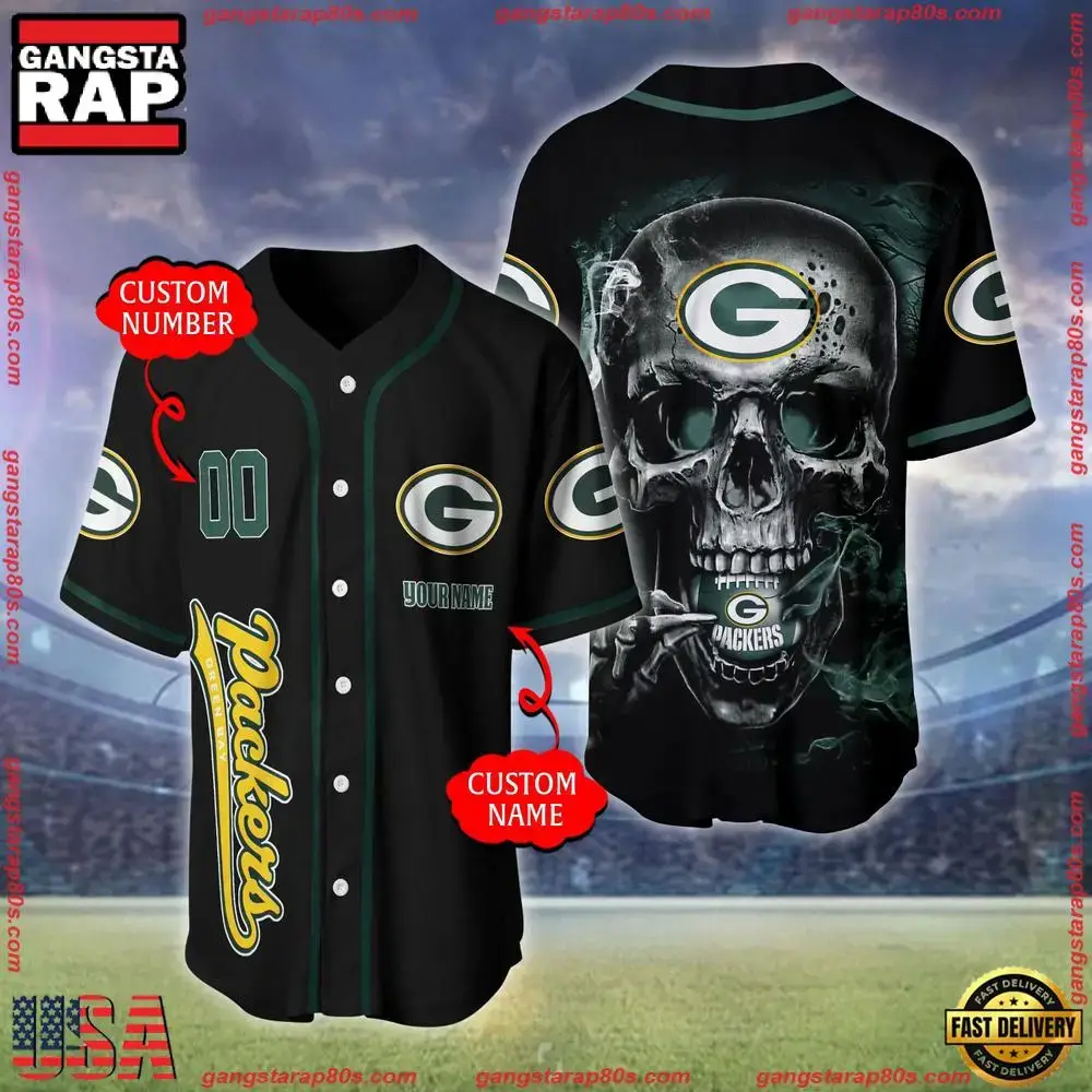 NFL Custom Name Number Green Bay Packers Skull Face Baseball Jersey Shirt Image