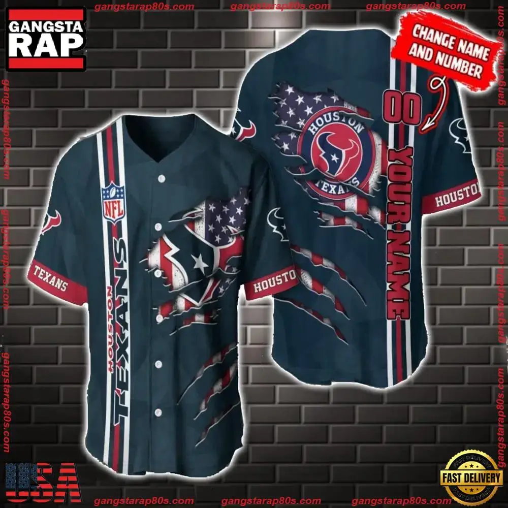 NFL Custom Name Number Houston Texans America Flag New Design Baseball Jersey Shirt Gift For Fans Image