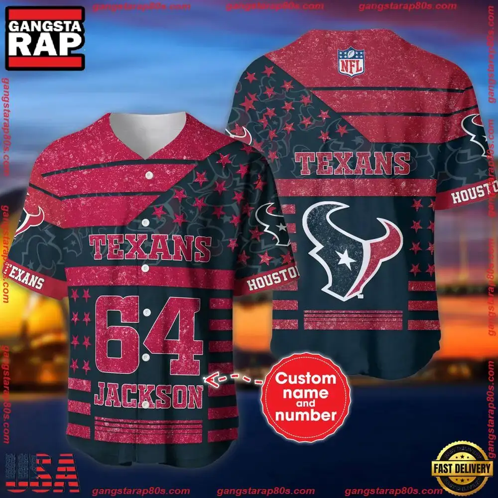 NFL Custom Name Number Houston Texans American Flag New Design Baseball Jersey Shirt Image