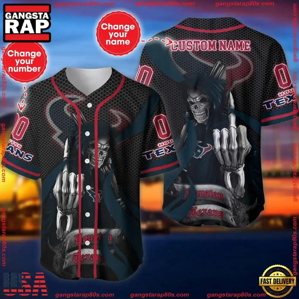NFL Custom Name Number Houston Texans Skull Death Baseball Jersey Shirt Image