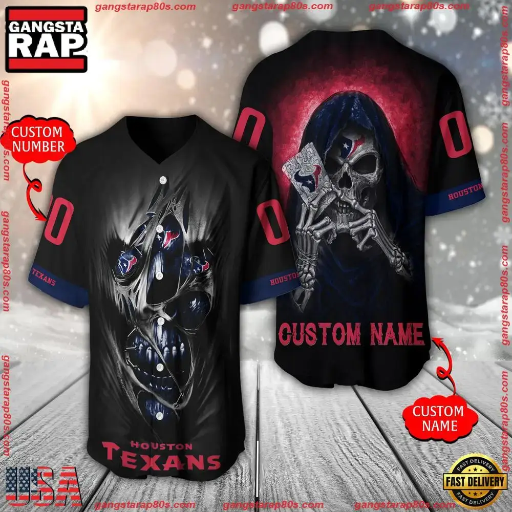 NFL Custom Name Number Houston Texans Team Skull Death Baseball Jersey Shirt Image