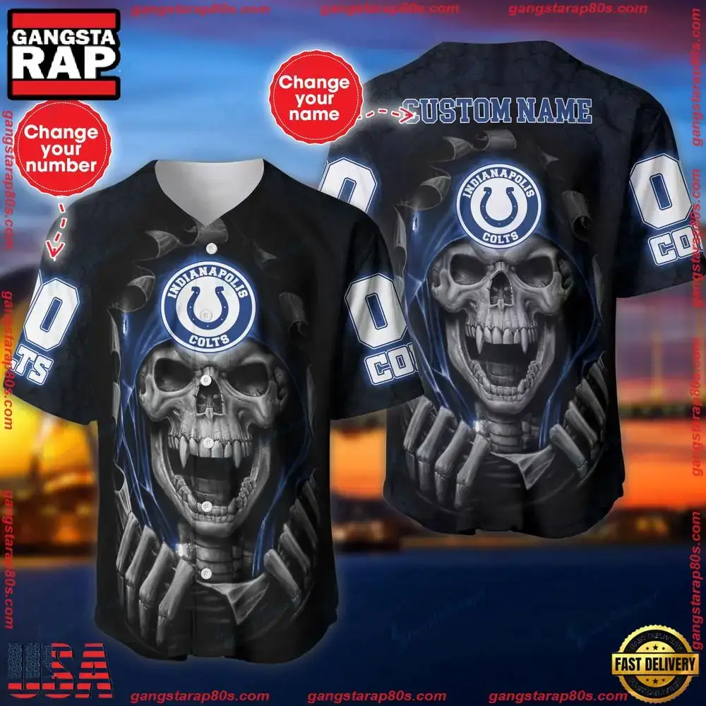 NFL Custom Name Number Indianapolis Colts Skull Baseball Jersey Shirt Image