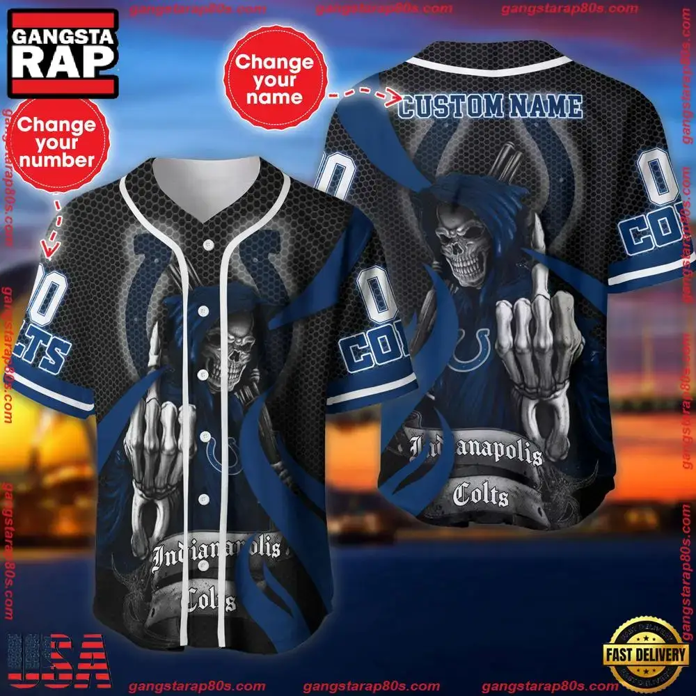 NFL Custom Name Number Indianapolis Colts Skull Death Baseball Jersey Shirt Image