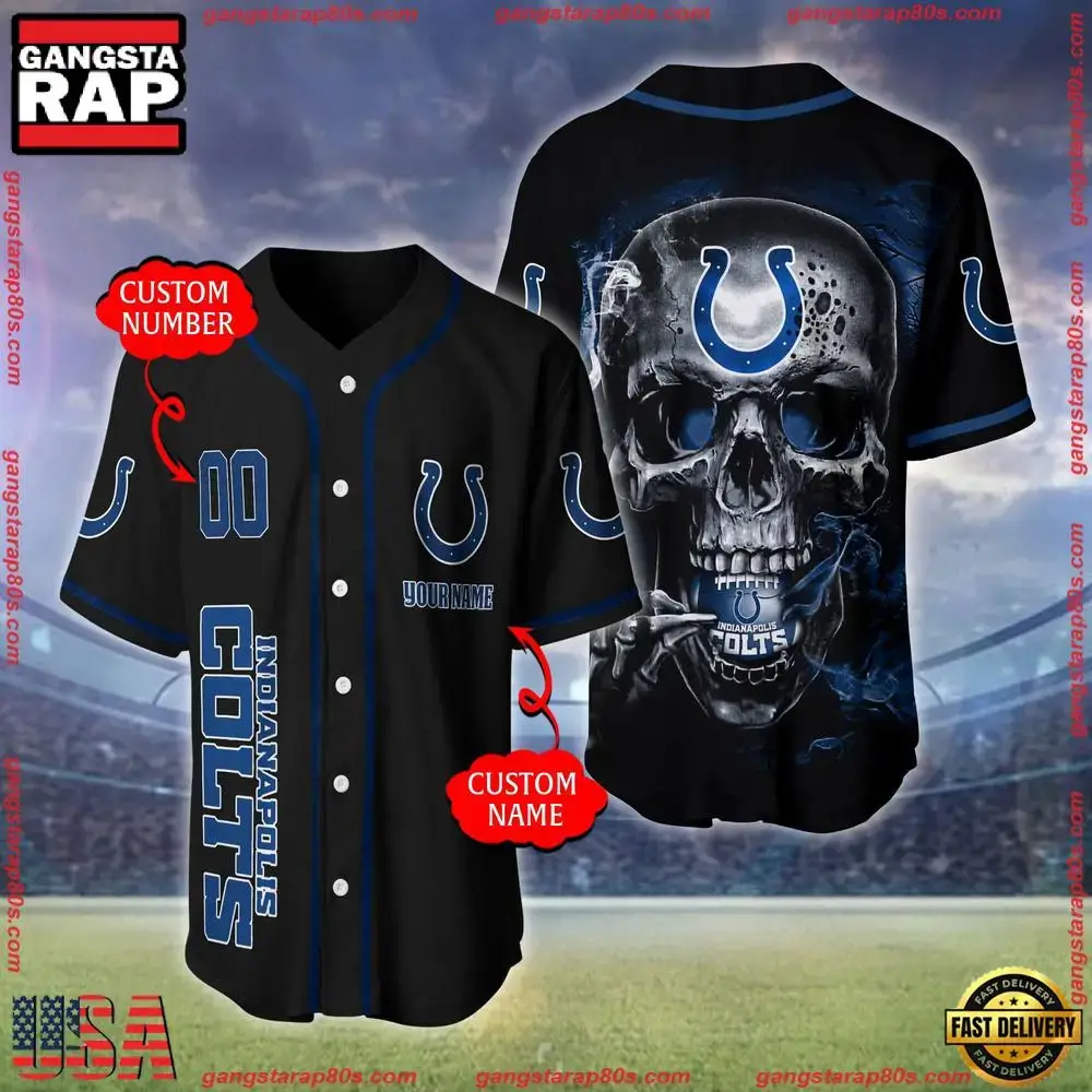 NFL Custom Name Number Indianapolis Colts Skull Face Baseball Jersey Shirt Image