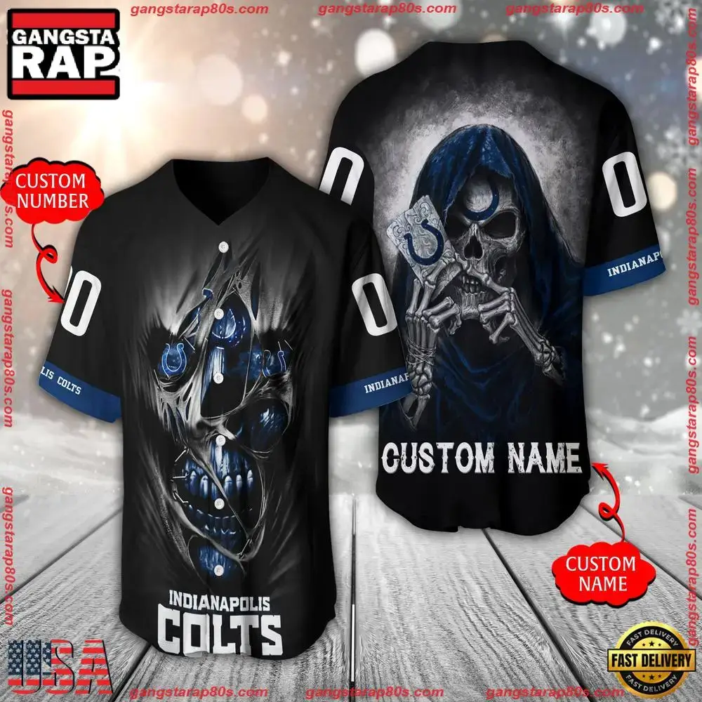 NFL Custom Name Number Indianapolis Colts Team Skull Death Baseball Jersey Shirt Image