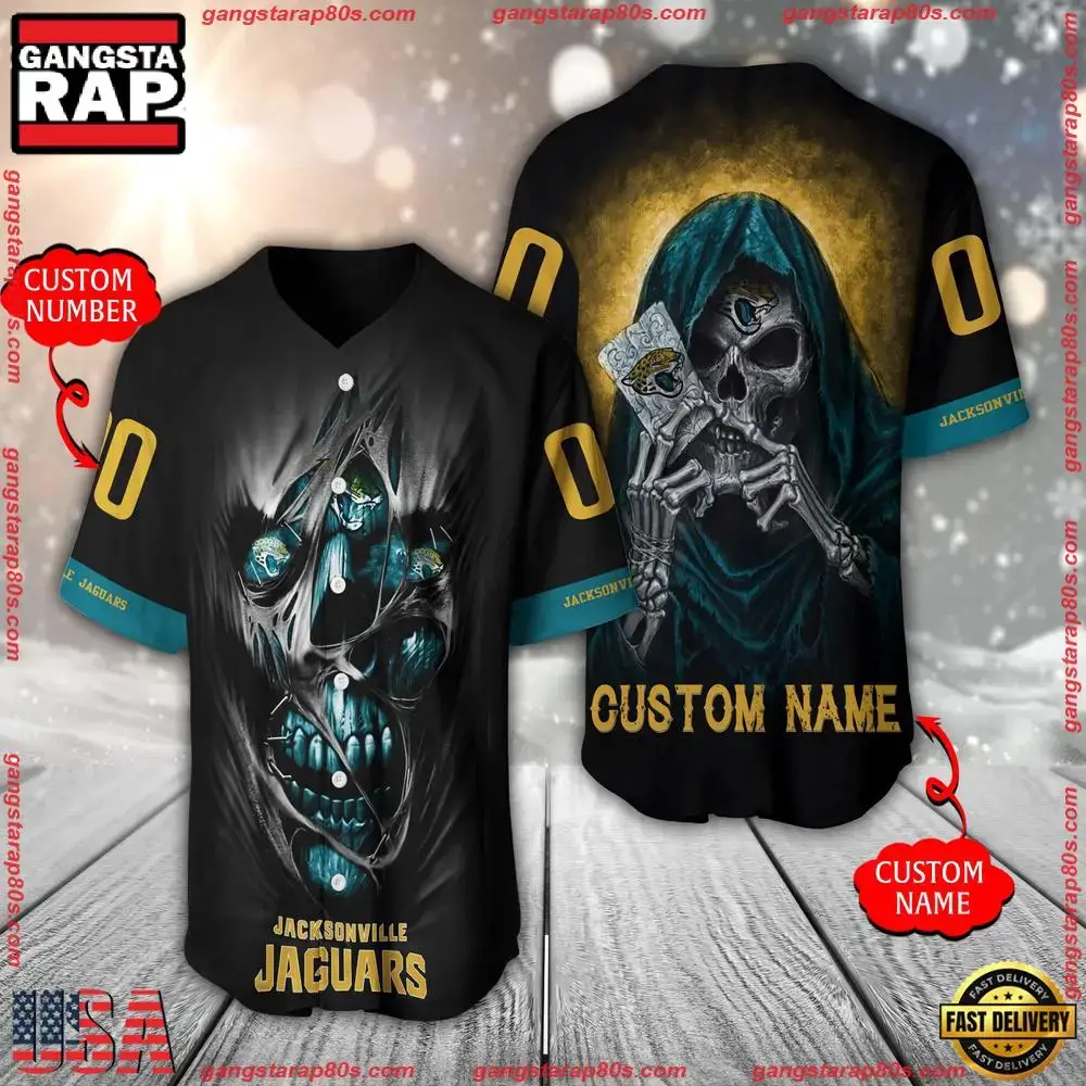 NFL Custom Name Number Jacksonville Jaguars Team Skull Death Baseball Jersey Shirt Image
