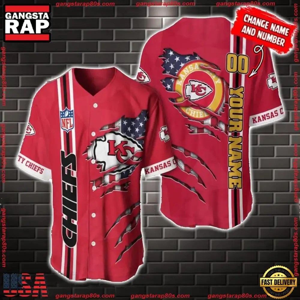 NFL Custom Name Number Kansas City Chiefs America Flag New Design Baseball Jersey Shirt Gift For Fans Image