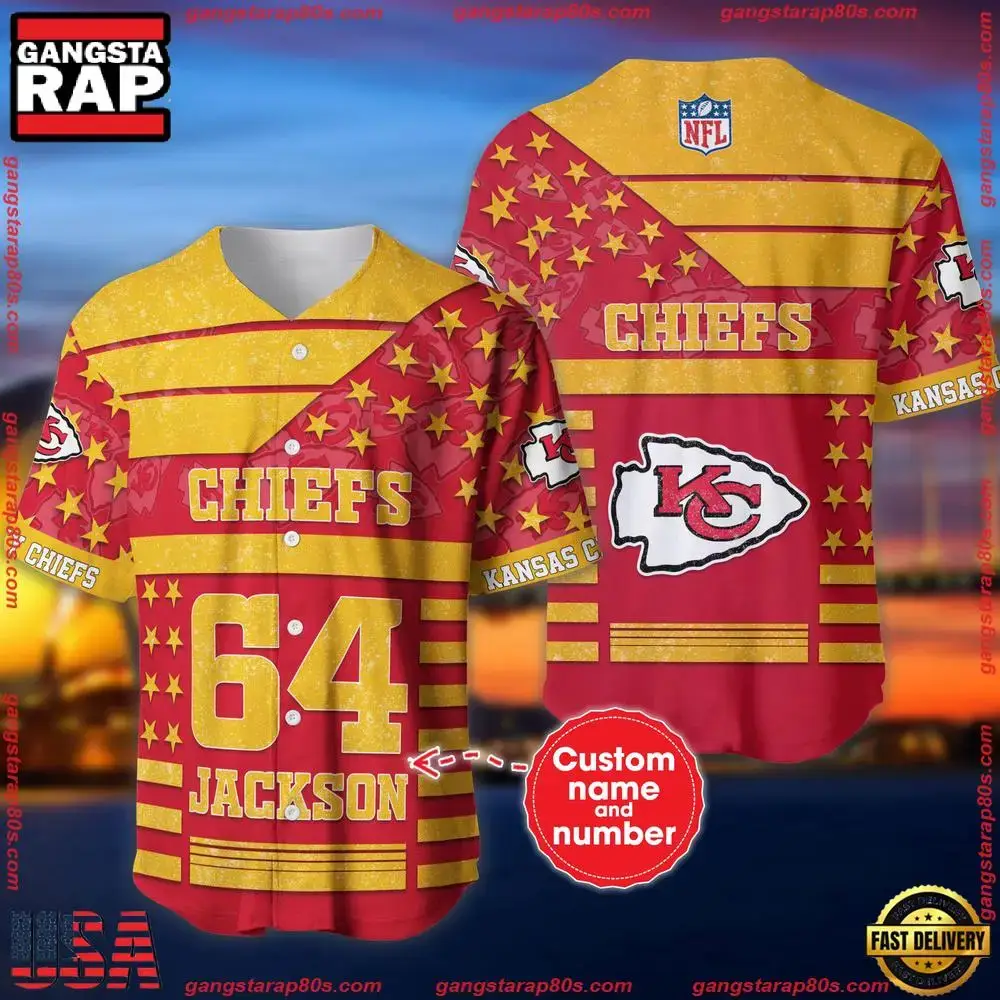 NFL Custom Name Number Kansas City Chiefs American Flag New Design Baseball Jersey Shirt Image