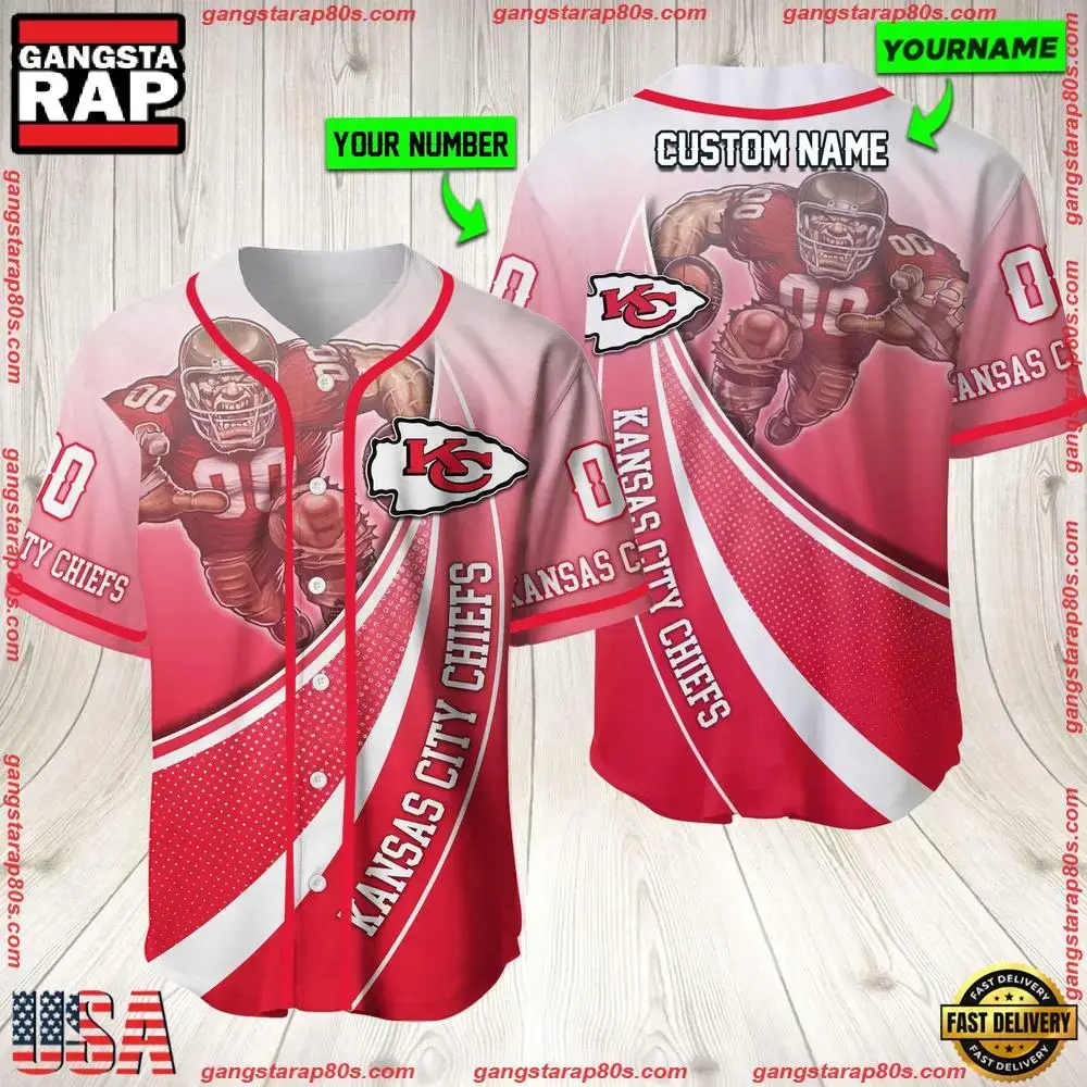 NFL Custom Name Number Kansas City Chiefs Mascot Football Baseball Jersey Shirt Image