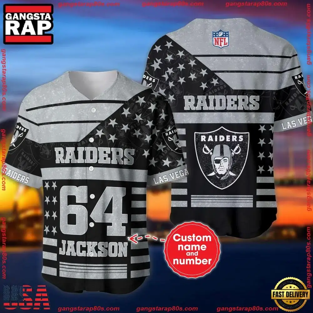 NFL Custom Name Number Las Vegas Raiders American Flag New Design Baseball Jersey Shirt Image