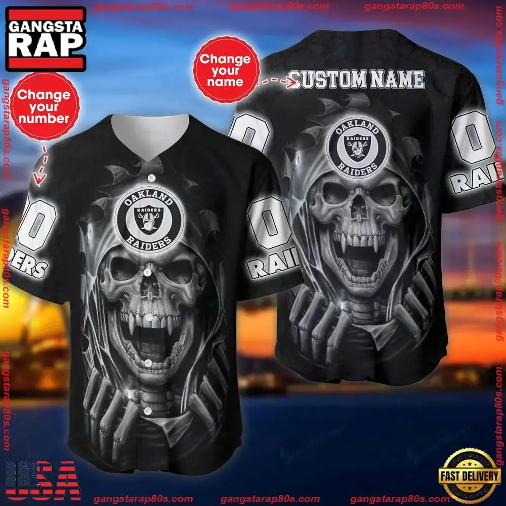 NFL Custom Name Number Las Vegas Raiders Skull Baseball Jersey Shirt Image
