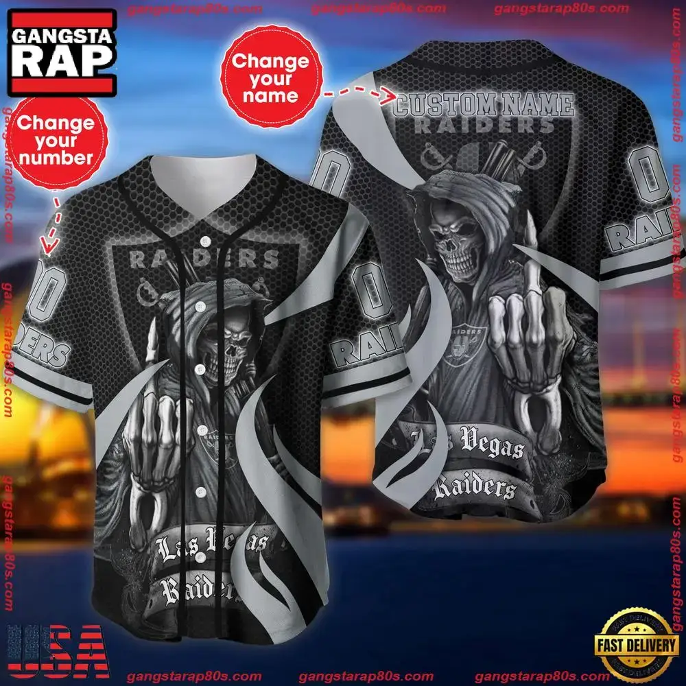 NFL Custom Name Number Las Vegas Raiders Skull Death Baseball Jersey Shirt Image