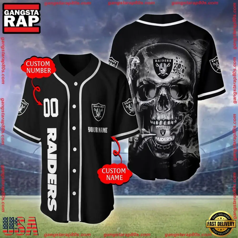 NFL Custom Name Number Las Vegas Raiders Skull Face Baseball Jersey Shirt Image