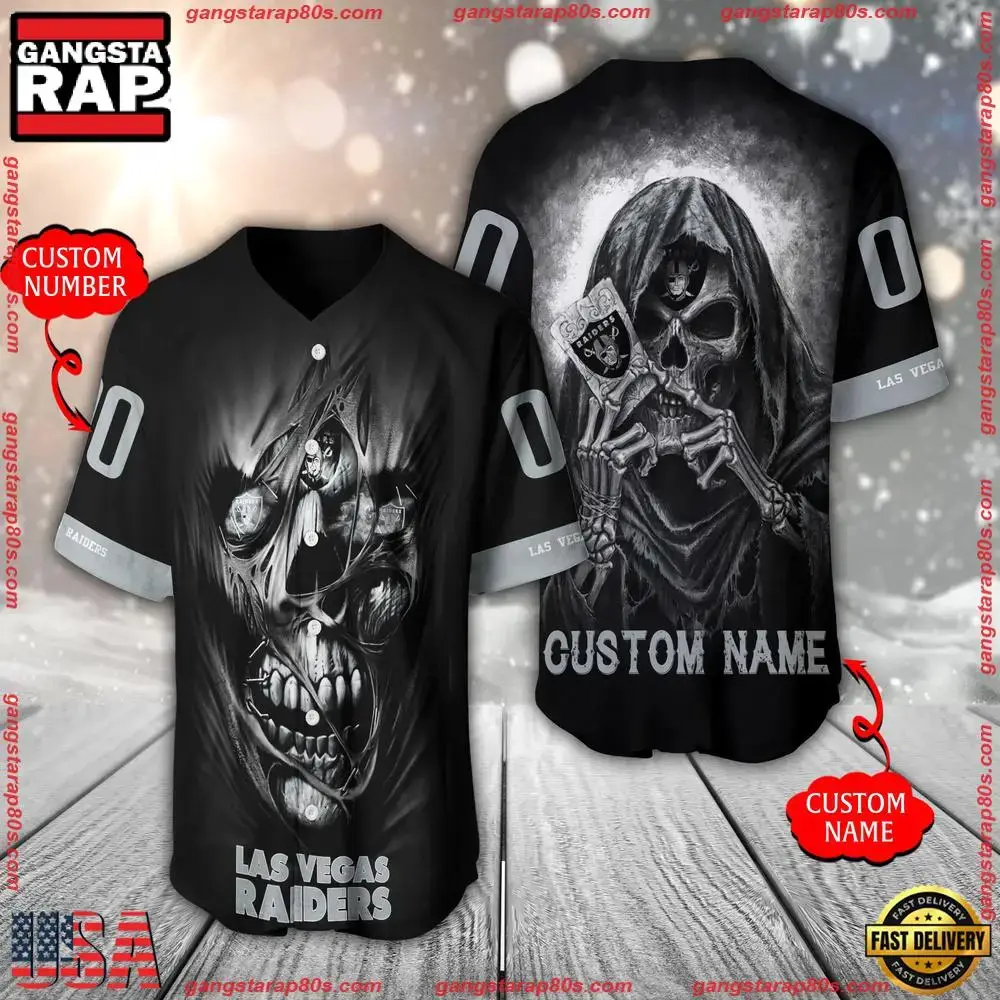 NFL Custom Name Number Las Vegas Raiders Team Skull Death Baseball Jersey Shirt Image