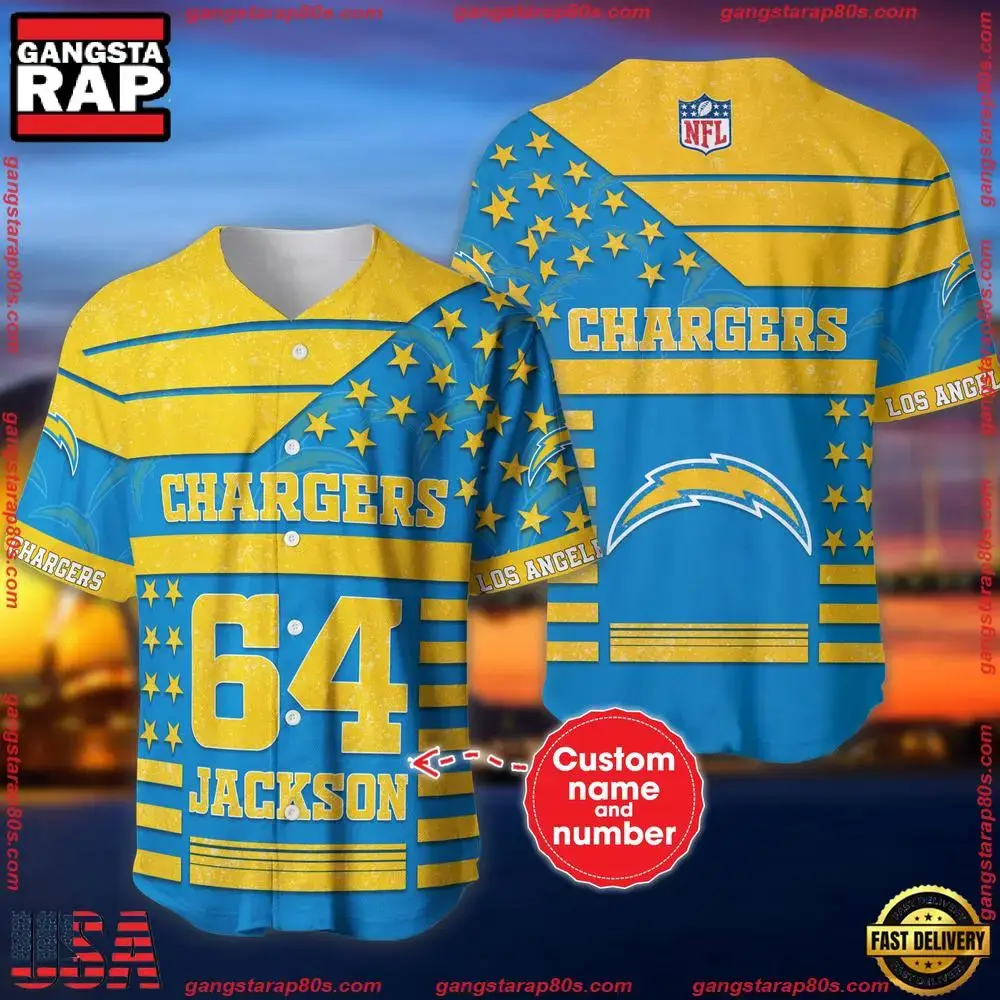 NFL Custom Name Number Los Angeles Chargers American Flag New Design Baseball Jersey Shirt Image