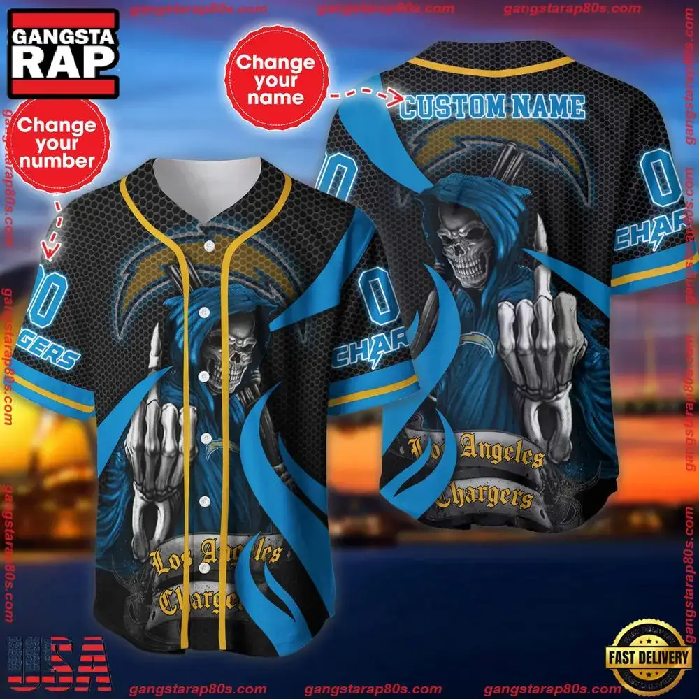 NFL Custom Name Number Los Angeles Chargers Skull Death Baseball Jersey Shirt Image