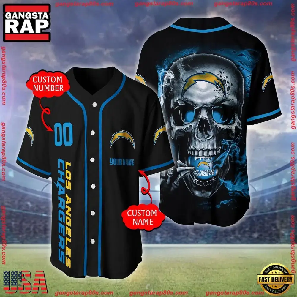 NFL Custom Name Number Los Angeles Chargers Skull Face Baseball Jersey Shirt Image