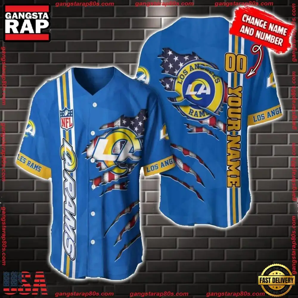 NFL Custom Name Number Los Angeles Rams America Flag New Design Baseball Jersey Shirt Gift For Fans Image