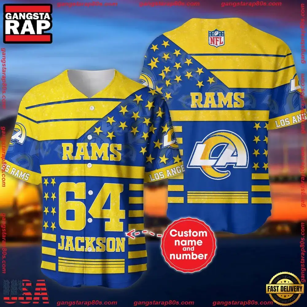 NFL Custom Name Number Los Angeles Rams American Flag New Design Baseball Jersey Shirt Image