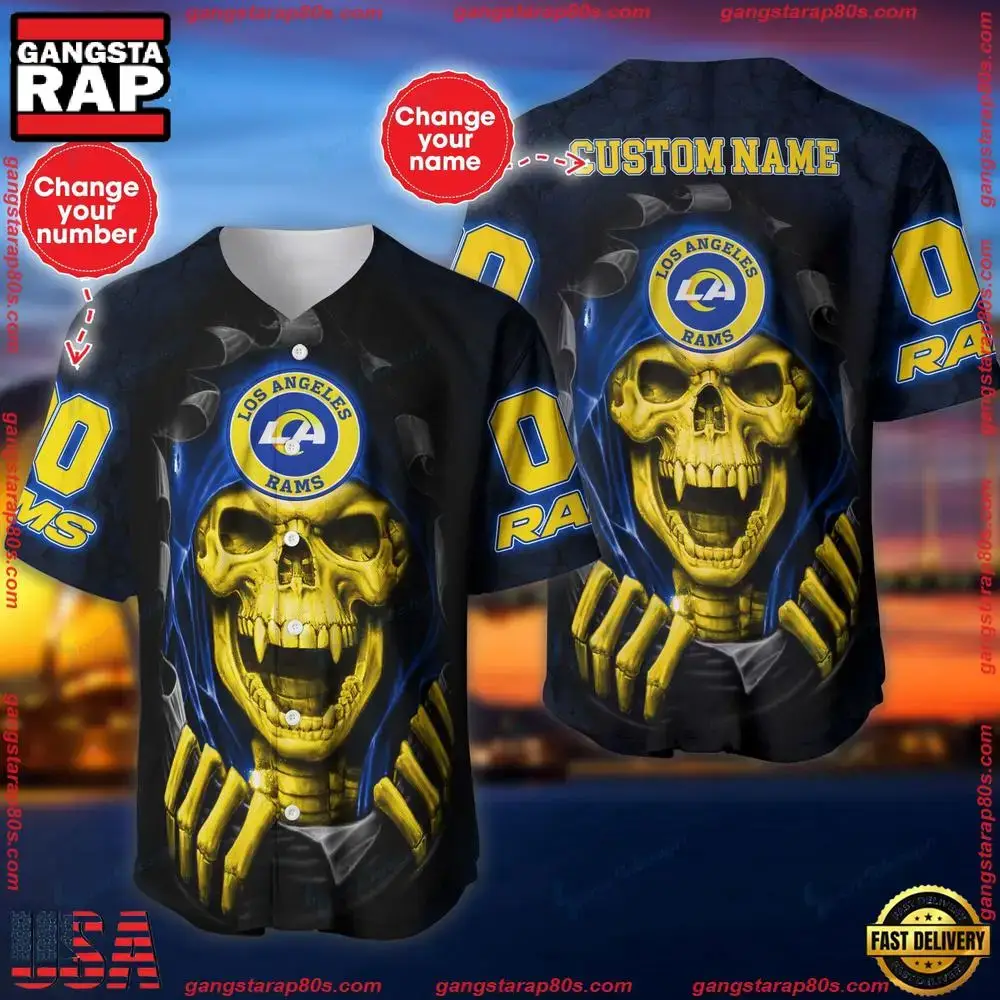 NFL Custom Name Number Los Angeles Rams Skull Baseball Jersey Shirt Image