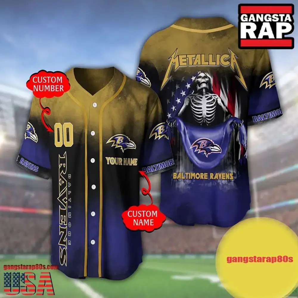 NFL Custom Name Number Metallica Band Baltimore Ravens Flag America Baseball Jersey Shirt Image