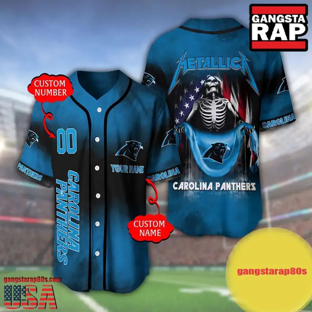 NFL Custom Name Number Metallica Band Carolina Panthers Flag America Baseball Jersey Shirt Image
