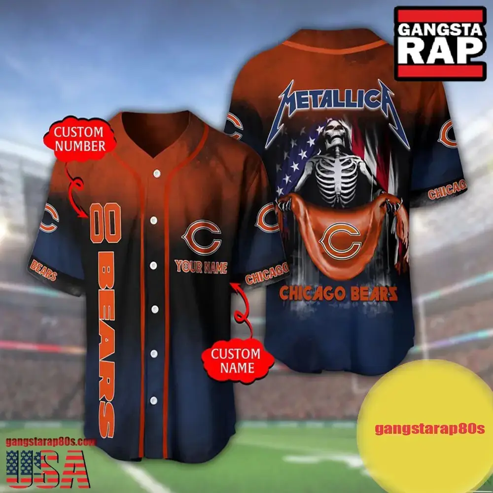 NFL Custom Name Number Metallica Band Chicago Bears Flag America Baseball Jersey Shirt Image