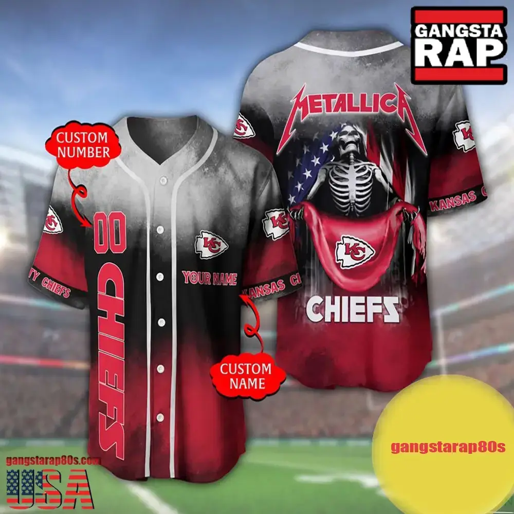 NFL Custom Name Number Metallica Band Kansas City Chiefs Flag America Baseball Jersey Shirt Image