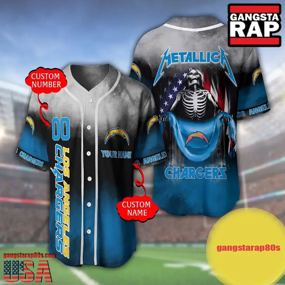 NFL Custom Name Number Metallica Band Los Angeles Chargers Flag America Baseball Jersey Shirt Image