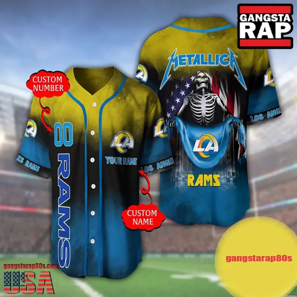 NFL Custom Name Number Metallica Band Los Angeles Rams Flag America Baseball Jersey Shirt Image