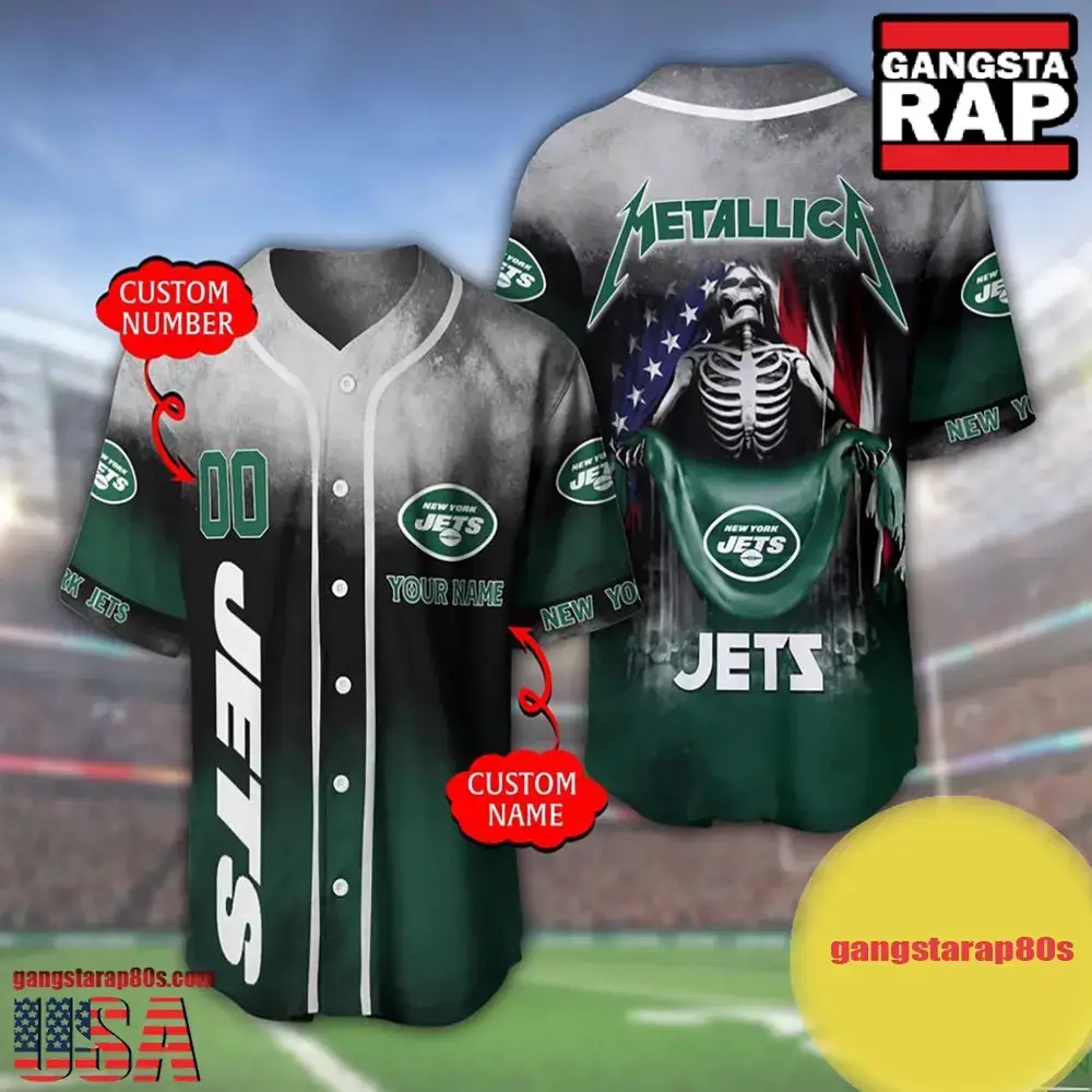 NFL Custom Name Number Metallica Band New York Jets Flag America Baseball Jersey Shirt Image