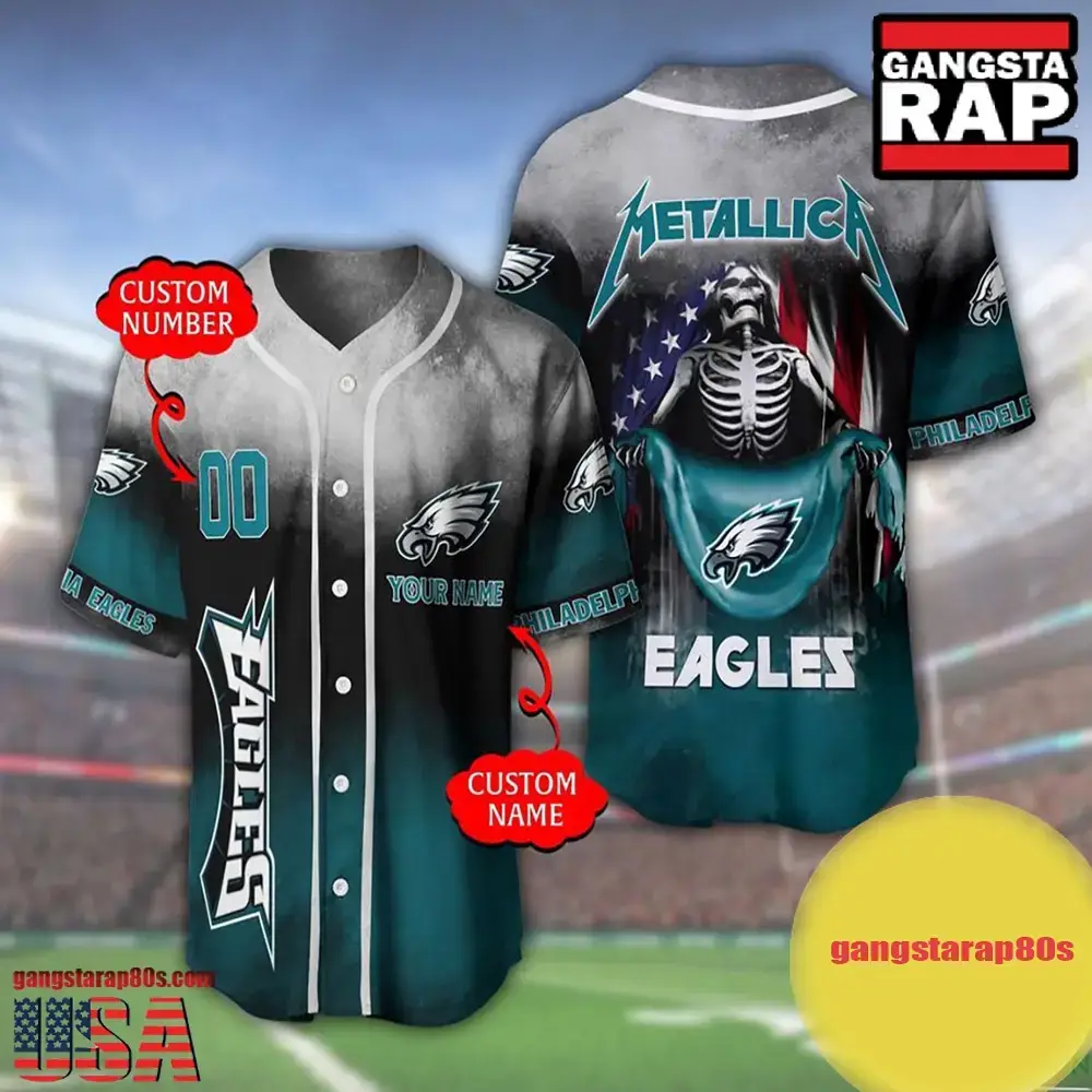 NFL Custom Name Number Metallica Band Philadelphia Eagles Flag America Baseball Jersey Shirt Image
