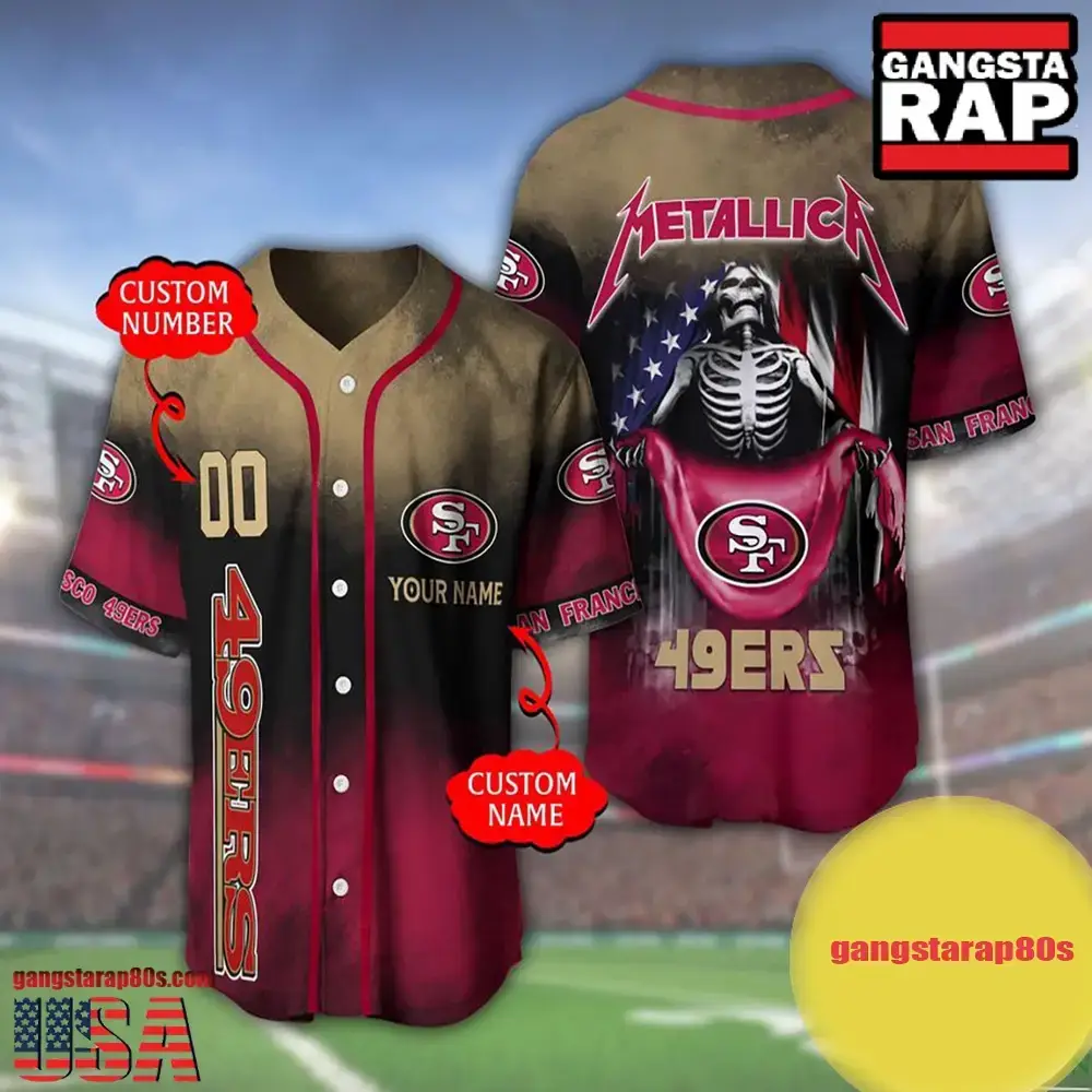 NFL Custom Name Number Metallica Band San Francisco 49ers Flag America Baseball Jersey Shirt Image