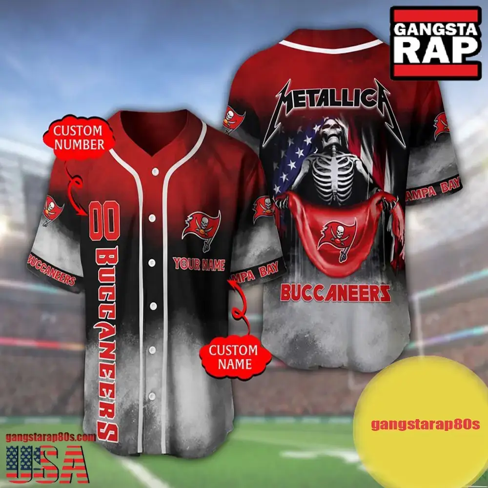 NFL Custom Name Number Metallica Band Tampa Bay Buccaneers Flag America Baseball Jersey Shirt Image