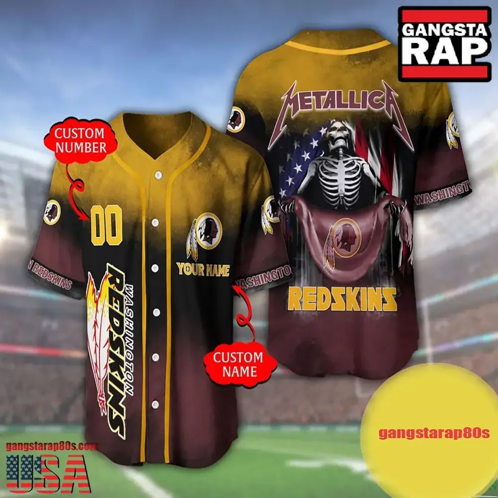 NFL Custom Name Number Metallica Band Washington Redskins Flag America Baseball Jersey Shirt Image