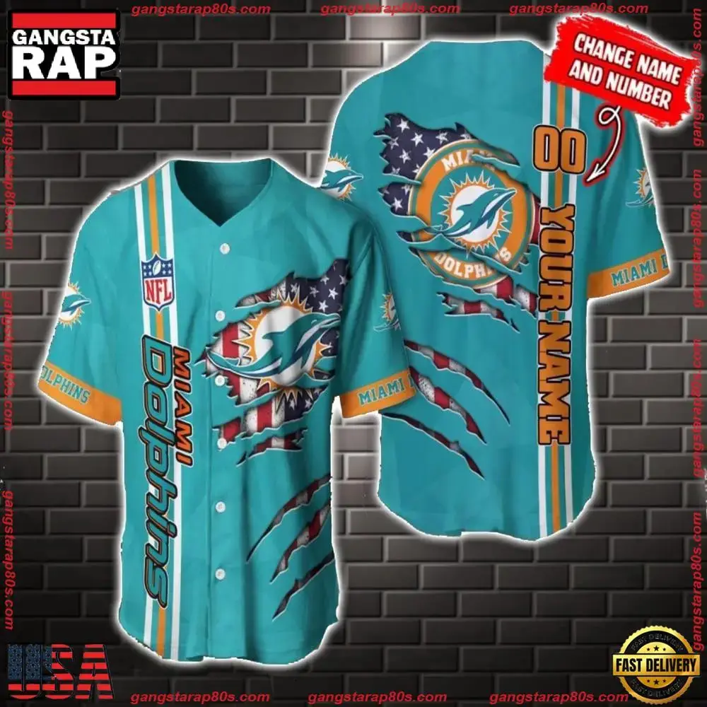 NFL Custom Name Number Miami Dolphins America Flag New Design Baseball Jersey Shirt Gift For Fans Image