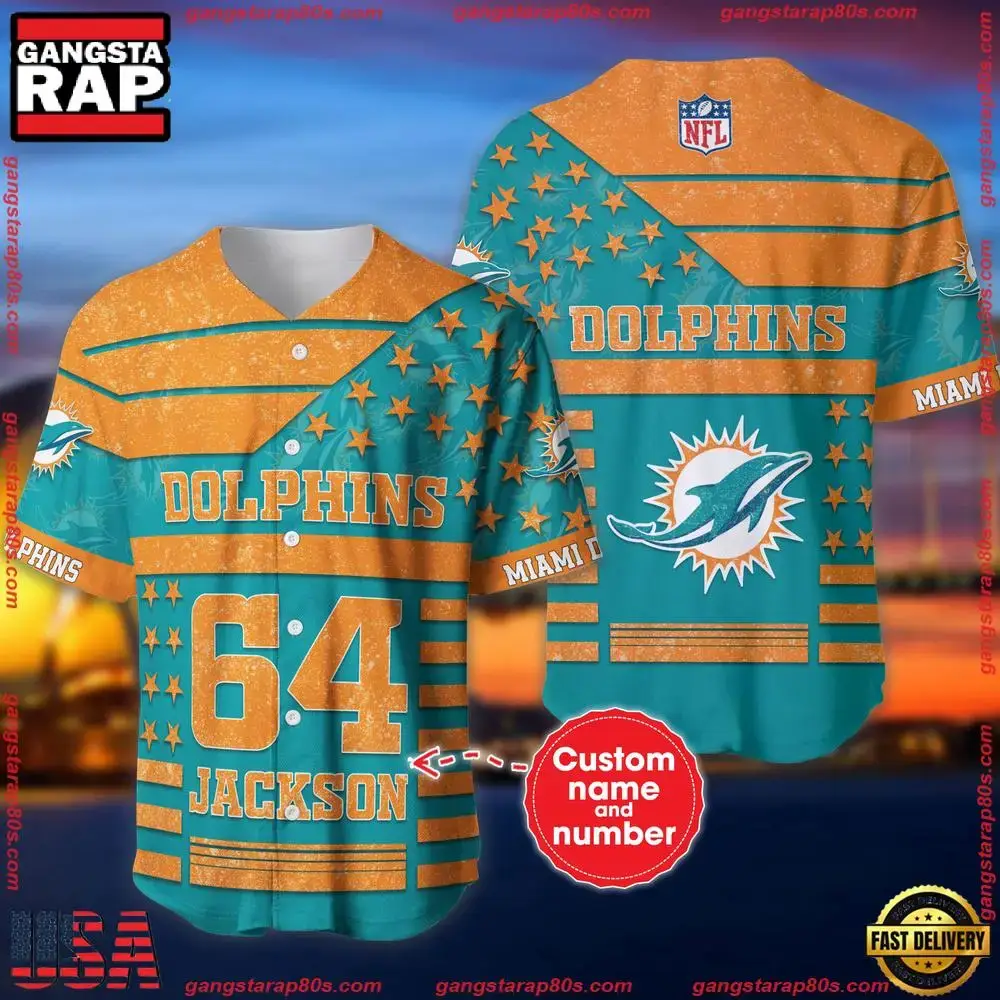 NFL Custom Name Number Miami Dolphins American Flag New Design Baseball Jersey Shirt Image