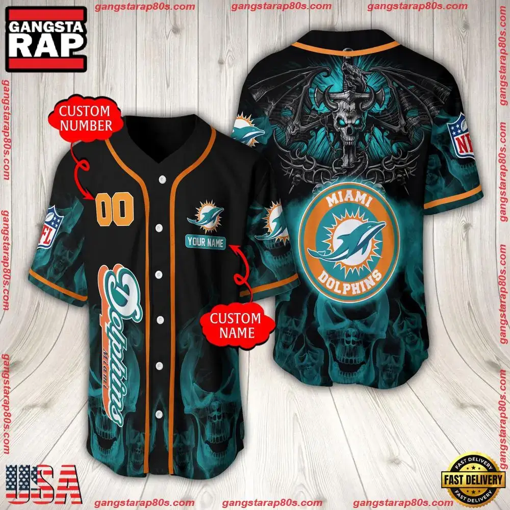 NFL Custom Name Number Miami Dolphins Baseball Jersey Image