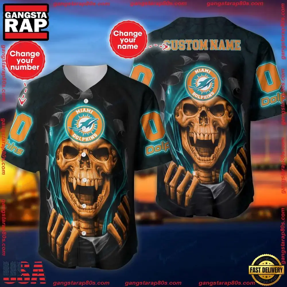NFL Custom Name Number Miami Dolphins Skull Baseball Jersey Shirt Image