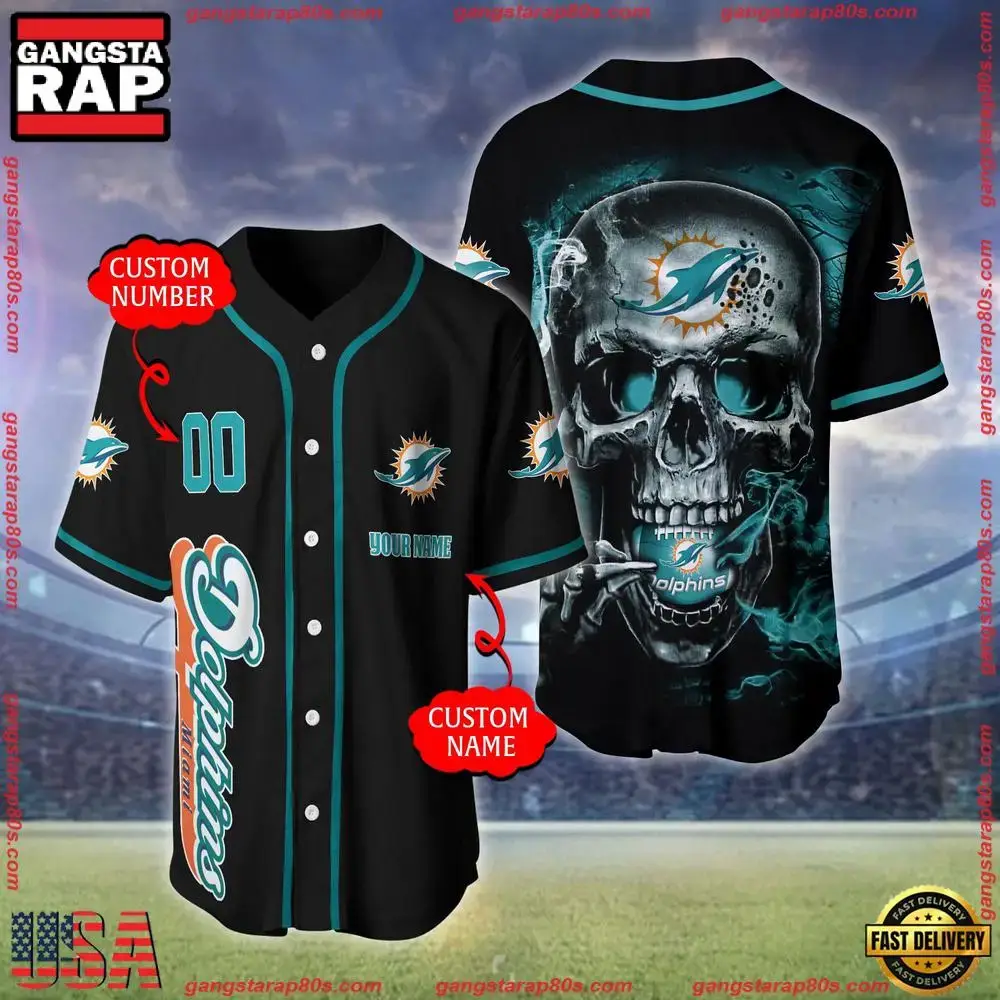 NFL Custom Name Number Miami Dolphins Skull Face Baseball Jersey Shirt Image