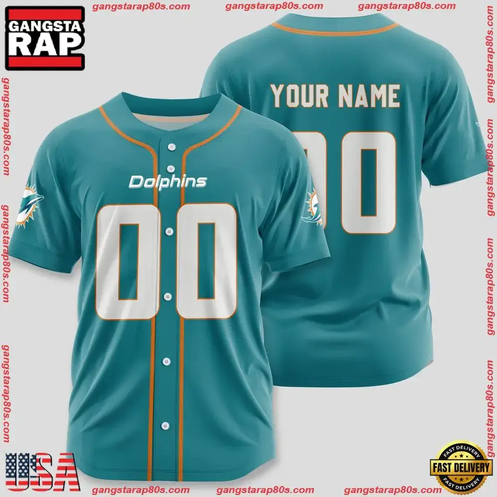 NFL Custom Name Number Miami Dolphins Team Baseball Jersey Shirt Image