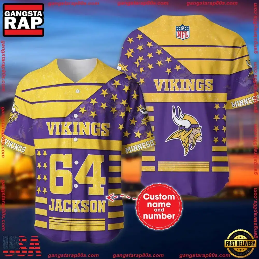 NFL Custom Name Number Minnesota Vikings American Flag New Design Baseball Jersey Shirt Image
