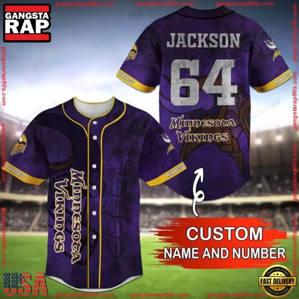 NFL Custom Name Number Minnesota Vikings Baseball Jersey Shirt Image