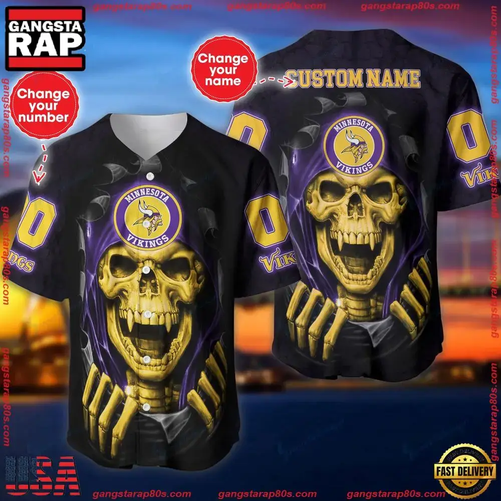 NFL Custom Name Number Minnesota Vikings Skull Baseball Jersey Shirt Image